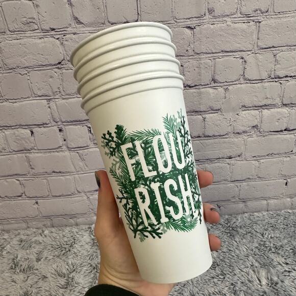 Set of 4 Starbucks Flourish White Green Plastic 16oz Reusable Coffee Cups - Picture 2 of 8